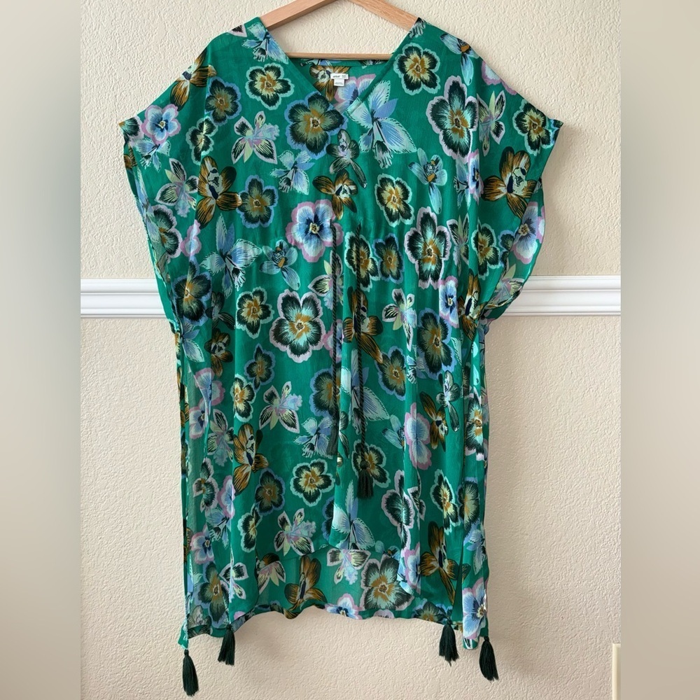 Aerie Chiffon Beach Cover Up Kelly Green Floral Vacation Resort XS / Small